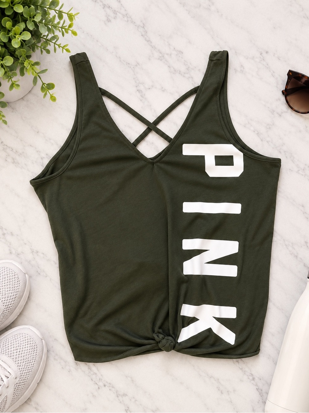 PINK Victoria's Secret Dark Olive Crisscross V-Neck Tank
